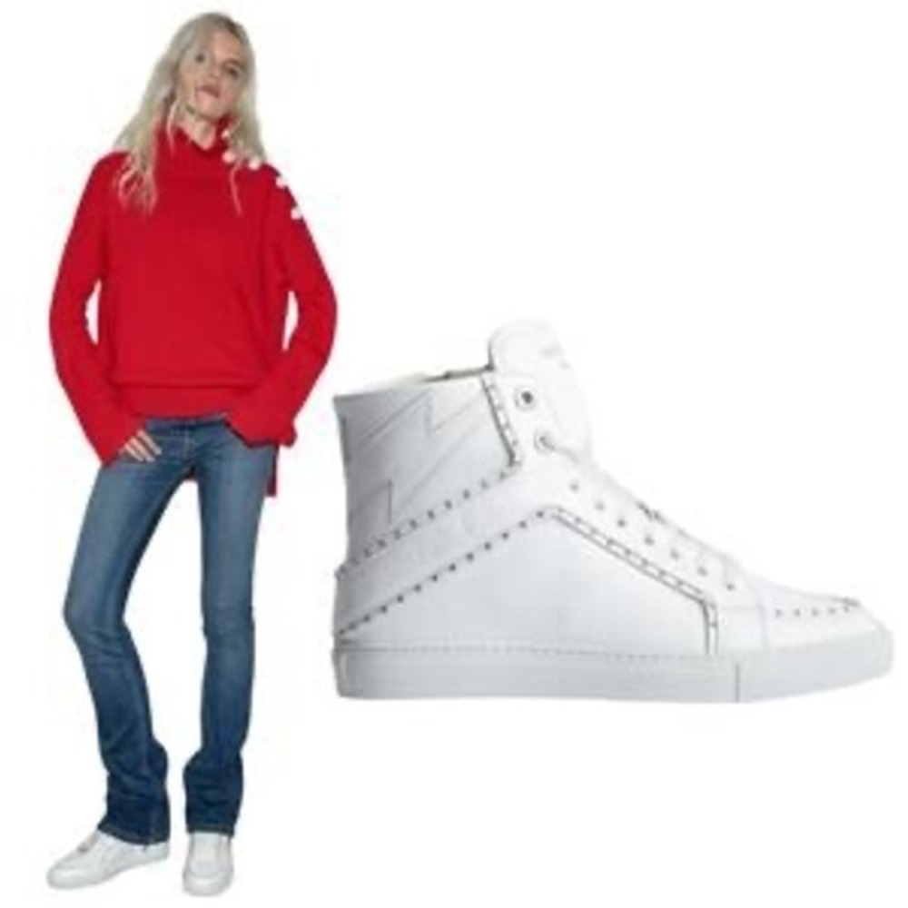 Zadig & Voltaire Womens ZV1747 Flash High Top Sneakers White Leather Studded NEW